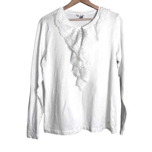 CAbi White Sweet Tea Lace Ruffle Neck Top Size Large Style #136 - Picture 1 of 4